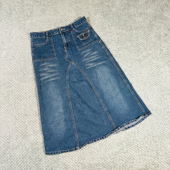 Vintage Y2K Low Rise Denim Patchwork Midi Skirt Funky Retro Cargo Wmns 12 - Picture 1 of 7